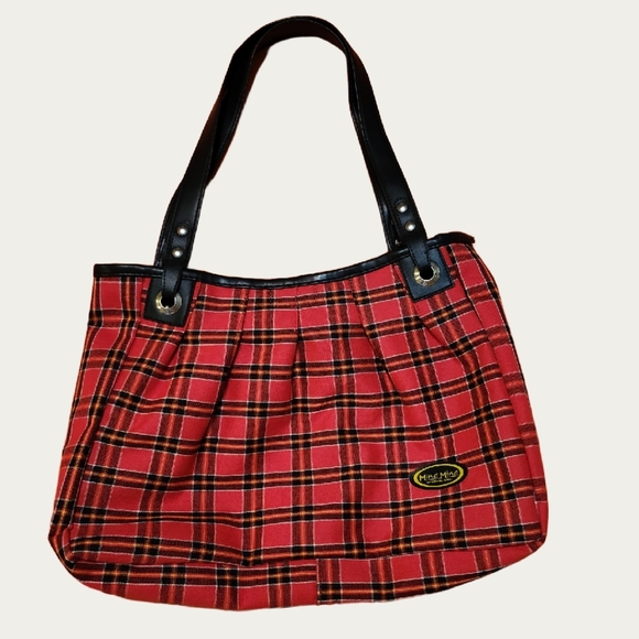 GRUNGE  90's Vintage Red and Black Capacious Tartan Tote with Pleated Design EUC - Picture 12 of 17